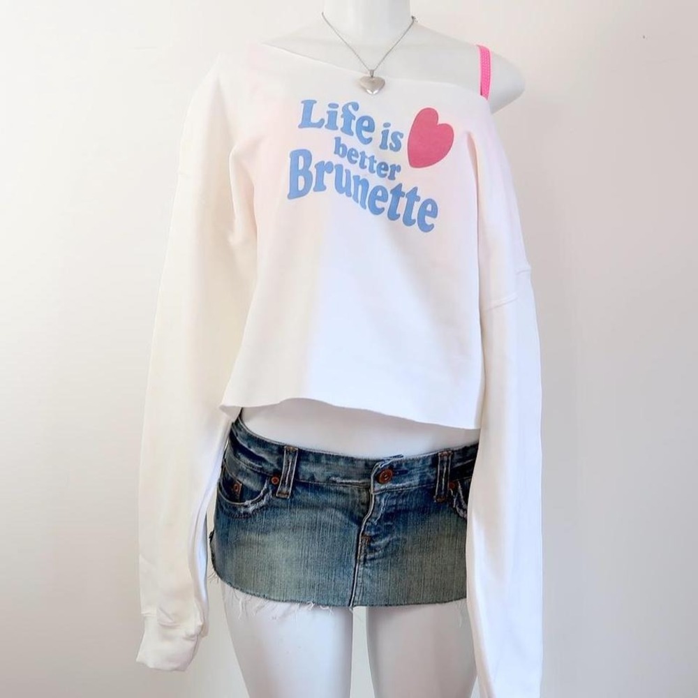 y2k life is better brunette graphic off shoulder cropped sweatshirt mcbling